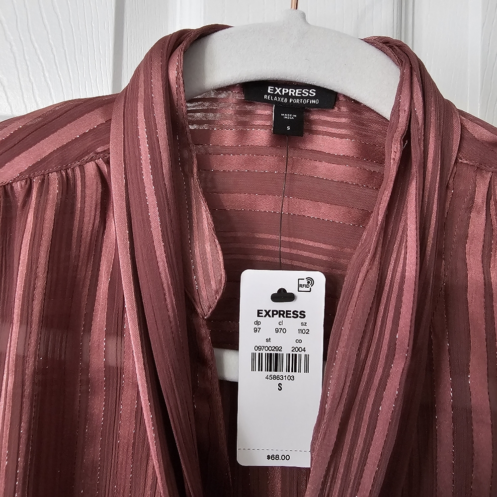 Express Tie Neck Relaxed Portofino Button Down Shirt - Size S - Picture 8 of 14